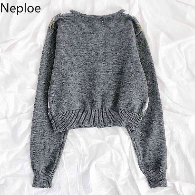 Neploe Cropped Sweaters Japanses Contrast Color Plaid Knitted Cardigan O-neck Long Sleeve All-match Casual Coat Tops Femme 94847 210422