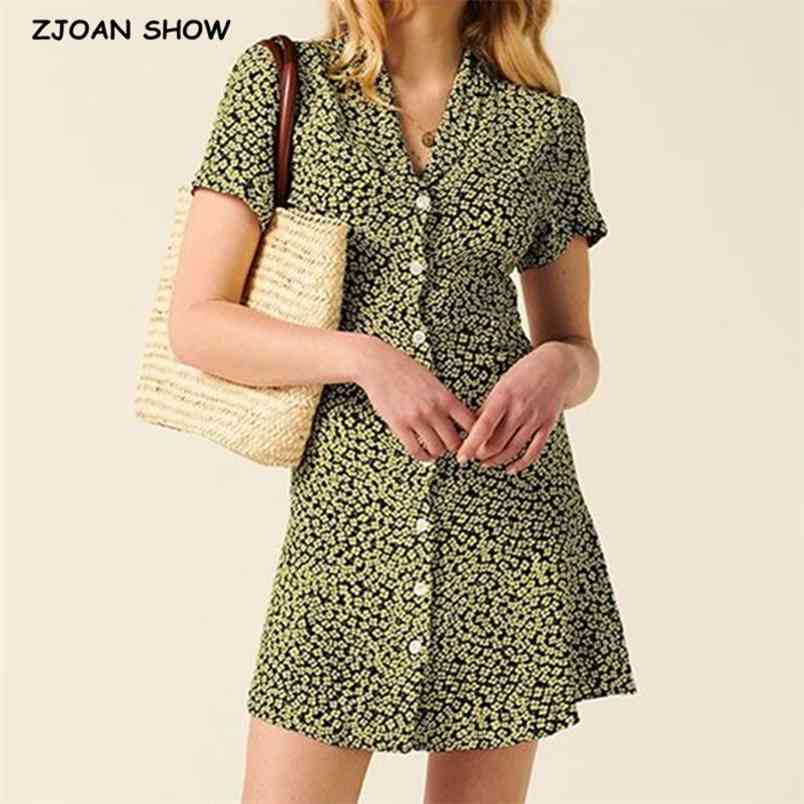 Elegant French style Women Floral Print Lapel Shirt Dress Retro Summer Single-breasted Buttons Short Dresses Vintage 210429