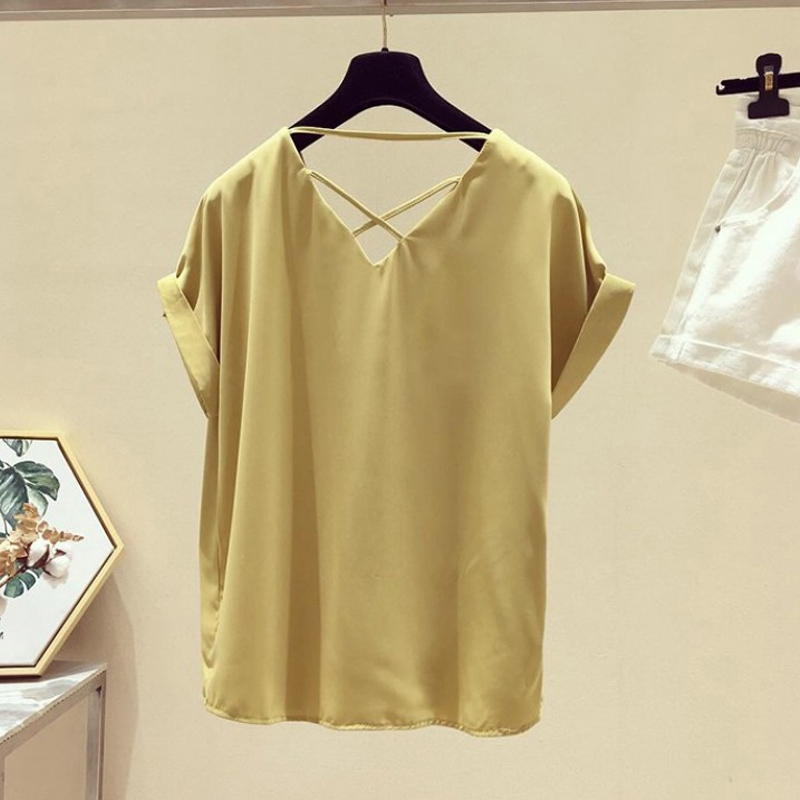 Summer Korean Solid V-neck Chiffon Blouse Blusas Mujer De Moda Short Sleeve Shirts For Women OL Clothes Blusa 9306 50 210415