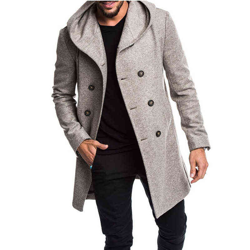 ZOGAA Mens Fashion Long Trench Coat Fleece Hooded Woolen Jacket Peacoat Overcoat 211122