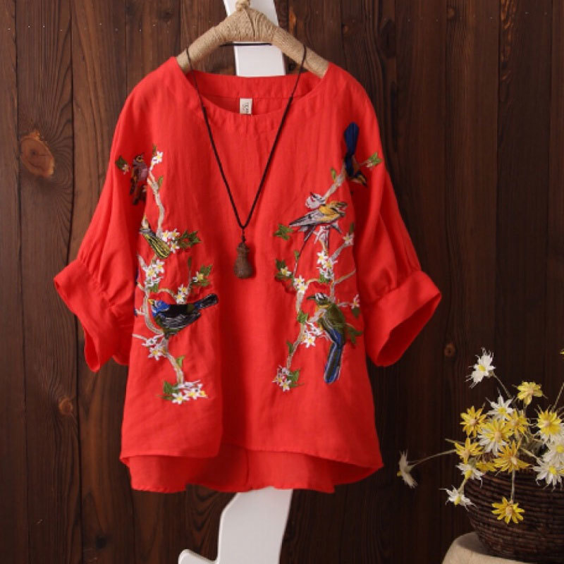 Summer Women Tshirt Plus Size Lantern Sleeve Loose Tee Shirt Femme cotton linen flower bird Embroidery Vintage Tops HXJ06 210512