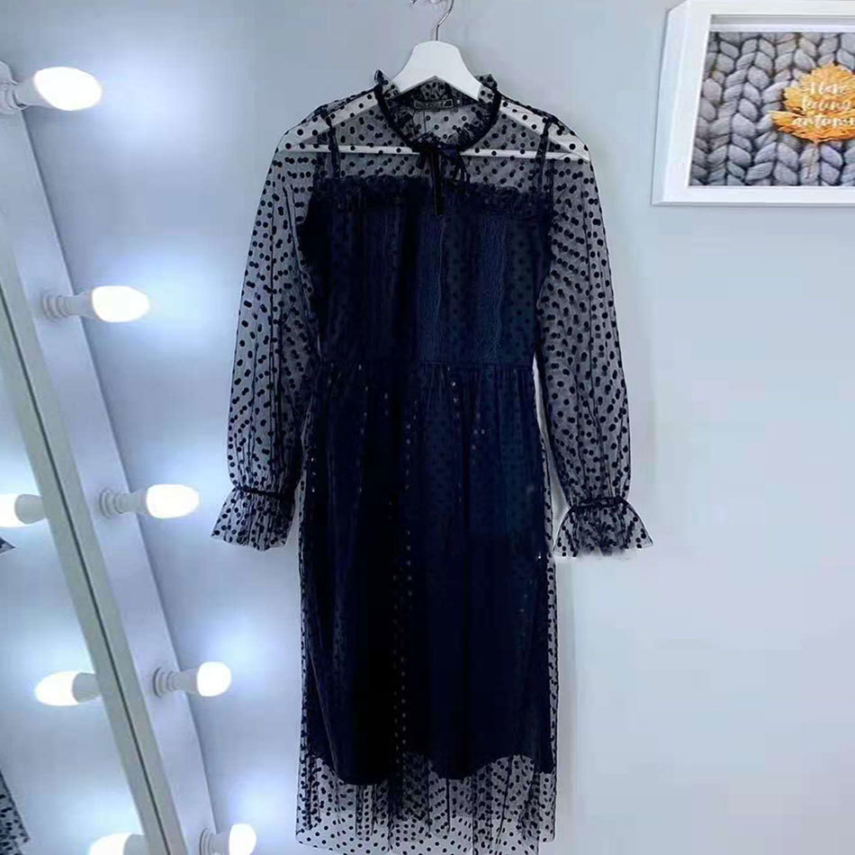 Free Sexy Black Polka Dot Lace Dress Stand Collar Long Sleeve Slim A-line Women Club Party Vestido 210524