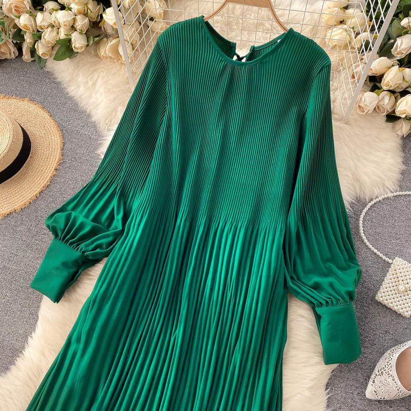 Vintage Pleated Chiffon Long Dress Women Casual Solid Pink/Green/Red O-Neck Draped Slim Vacation Vestidos Autumn Robe New 210409