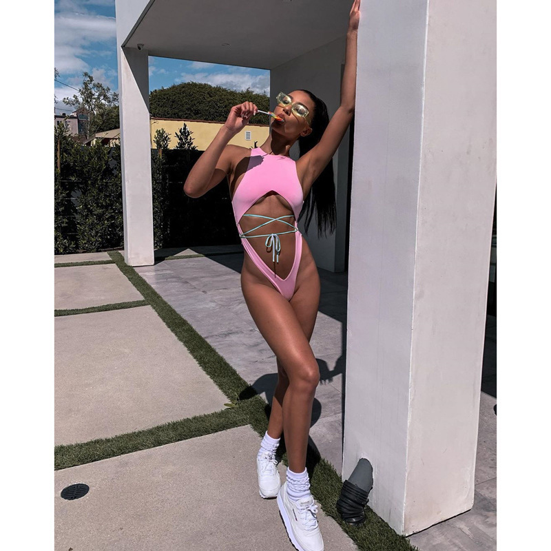 Sexy Swimsuit Women Swimwear Raceback High Neck Push Up Bandage Bathing Suit Wear Female Beachwear 210520