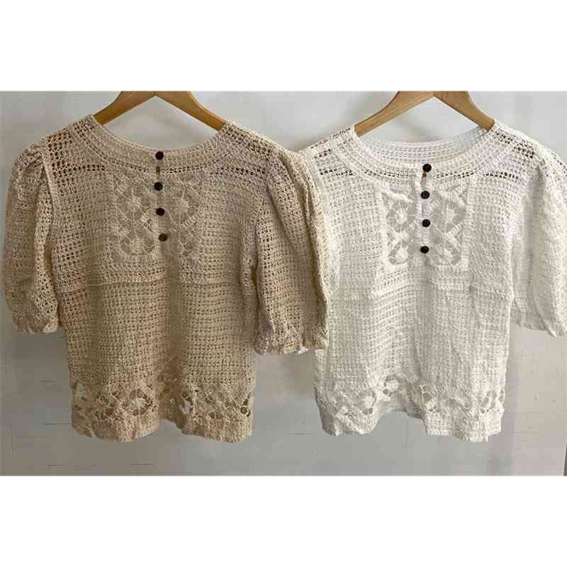 Summer Knitted Hollow Thin Sweaters Tops Women Short Puff Sleeve V-neck Casual Fashion Korean Elegant Ladies Pullovers 210519