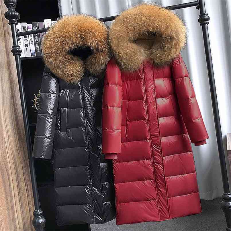 Large Natural Raccoon Fur Collar Hooded Winter Down Jacket Women 90% White Duck Down Thick Warm Park Female Long Snow Coat 210918