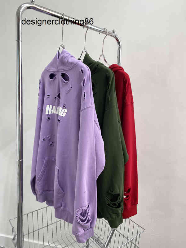 Designers Hoodie Balencaigas Hoodies Winter Hole Worn Hoodie Men, Red
