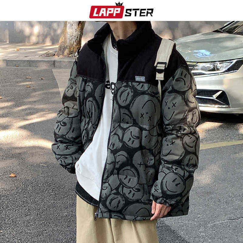LAPPSTER Men Japanese Streetwear Puffer Jackets Winter Mens Full Print Fashions Bubble Coat Couple Patchwork Thick Parkas 211214Z