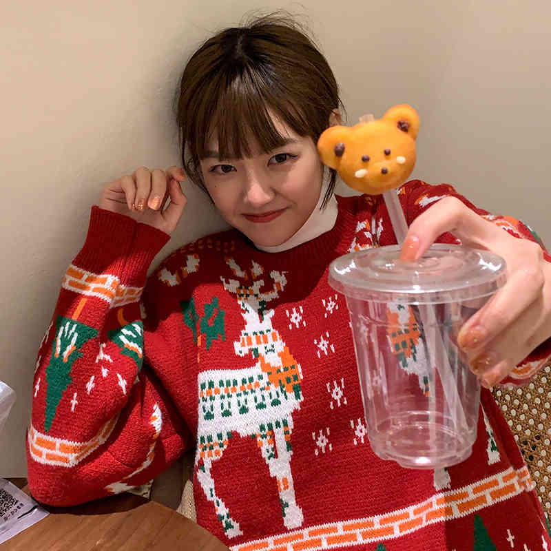 3colors autumn winter korean style loose Christmas Sweaters thick warm Knitted Sweater and pullover womens (C8187) 210423