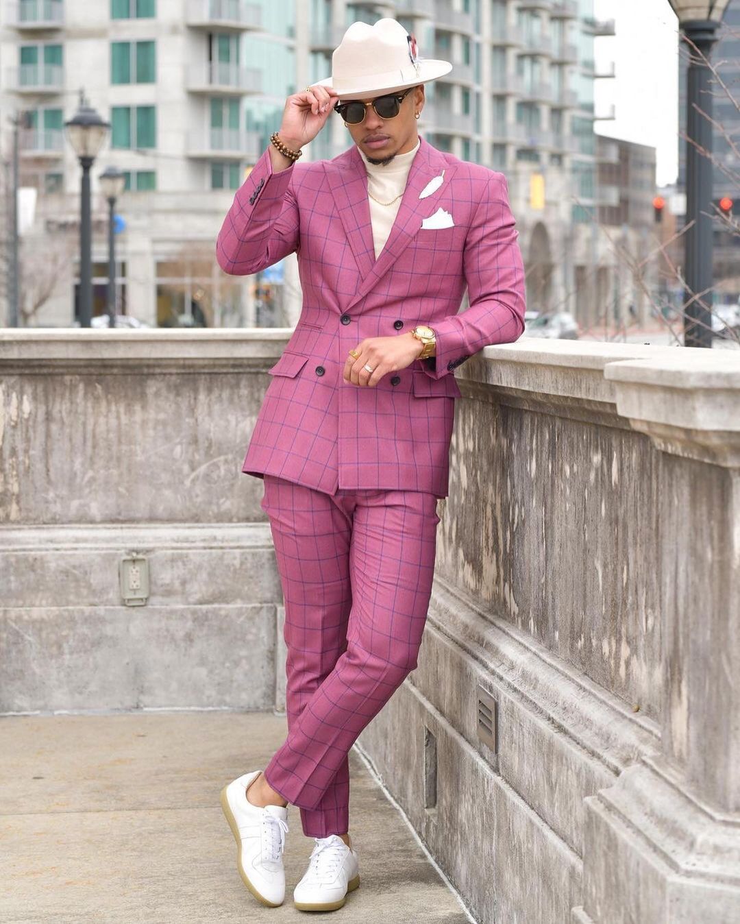 Smart Fashion Pink Check Customized Mens Wedding Tuxedos Groom Wear Formal Dinner Prom Party Blazer Suits(Jacket+Pants)