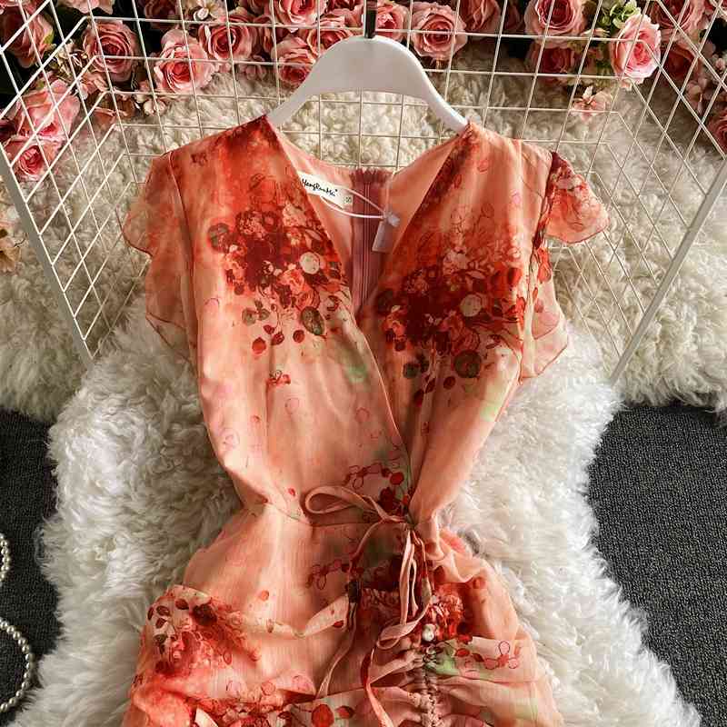 Vintage V-Neck Printed Chiffon Drawstring Mermaid Midi Dress Women Elegant High Waist Ruffle Vestidos Fashion Spring Summer 210409