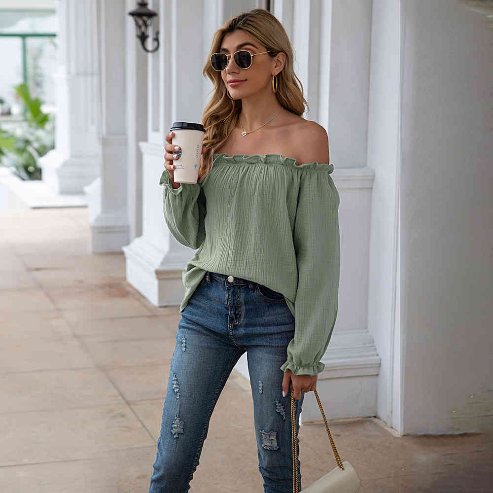 Tops And Blouses Women Casual Loose Solid Green Ruffle Off Shoulder Cotton And Linen Ladies Shirts Fashion Spring Autumn 210415