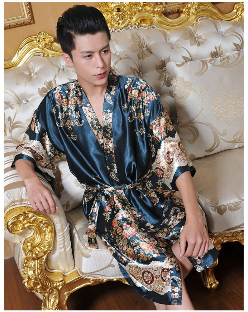 Men's summer robe silk bath floral collar men's
Men's summer robe silk bath floral collar men's