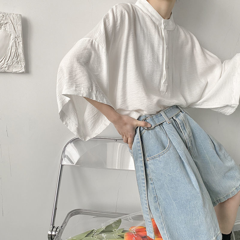 IEFB Tops Stand Collar Short Sleeve Loose Solid Color Shiny Fabric Summer White Shirts Men's Oversized Clothing 210524