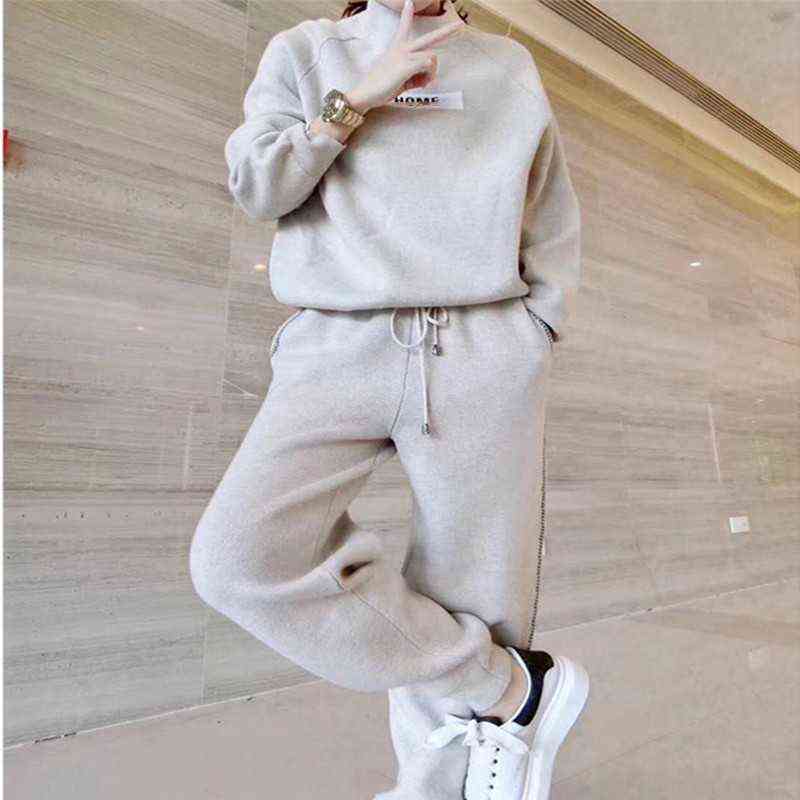 autumn winter Knitted Women's Sweater Pants Suit Ankle-length Sports Suits Female Fashion long Sleeve 2 Piece Sets 211116