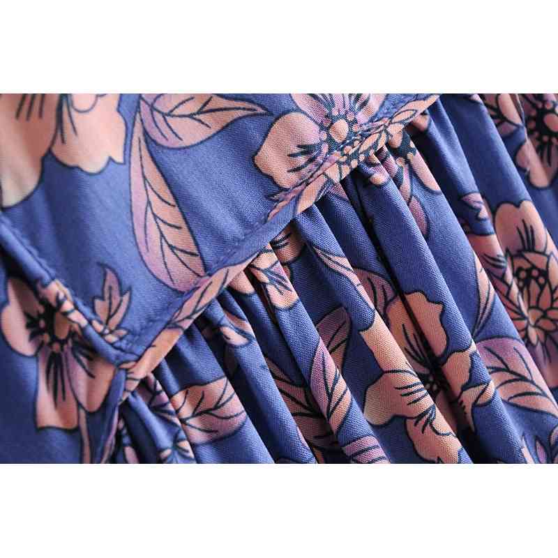 Spring Bohemia Bandage Lacing up Collar Blue Floral Print Dress BOHO Woman Long Sleeve Ankle Length Holiday Dresses Beach 210429