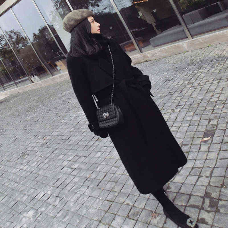 Fall/Winter black woolen coat women's fashion coat loose belt temperament is thin casual wool coat trench Office Lady Long 211104
