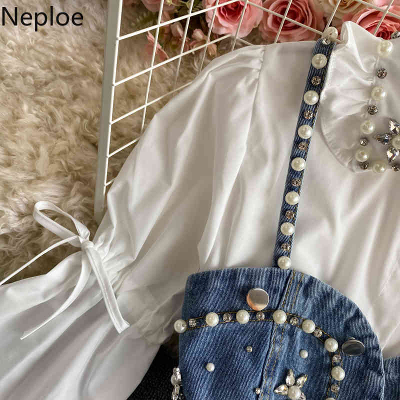 Neploe Ropa De Mujer Spring Korean Mid-length Tops Beading Vest Denim Camisole Puff Sleeve Shirt Two-piece Women's Clothing 210422