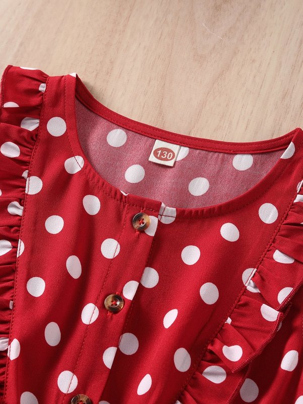 Girls Polka Dot Print Ruffle Trim Dress SHE01