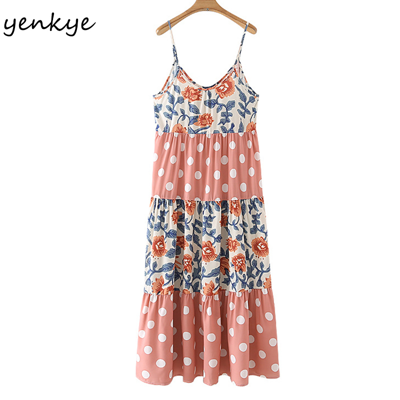 YENKYE Vintage Floral Print Polka Dot Sexy Sling Dress Women O Neck Sleeveless A-line Casual Long Dress Holiday Summer Vestido 210515