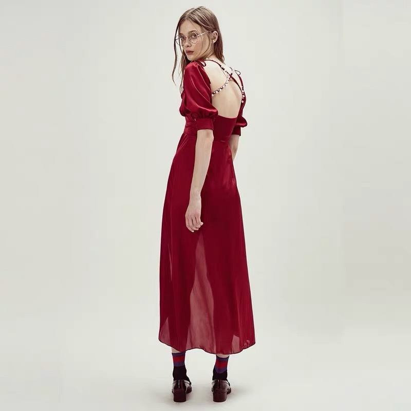 Fashion Women V-neck Pearl Cross Straps Irregular Female Dresses Backless Sexy Party Club Max Dress Elengant Red 210421