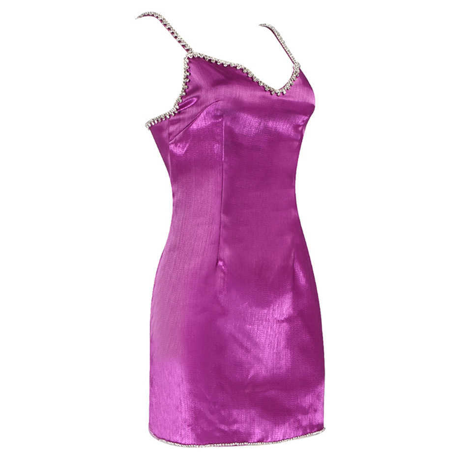 High Quality Glitter Diamond Dress Ladies V Neck Spaghetti Strap Mini Sexy Party Club Summer Satin Vestido 210527