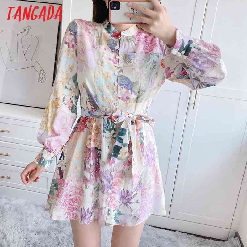 Fashion Women Flowers Print Shirt with Slash Long Sleeve Casual Female Short Dress 5Z90 210416