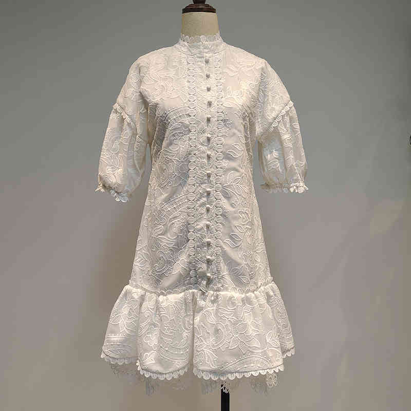 VGH Elegant Patchwork Lace Women's Dress O Turtleneck Puff Sleeve High Waist White Dresses Female Fashion New Clothing Fall 210421