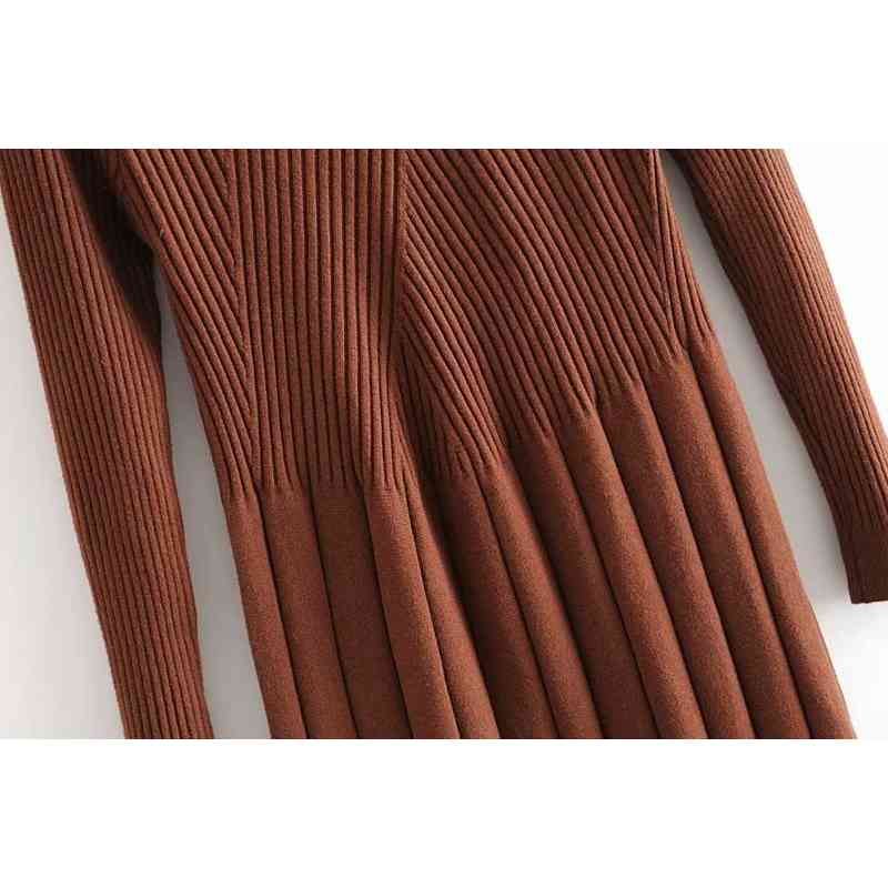 Women Casual Knitted Sweater Dress Autumn Winter Long Sleeve Elegant Pleated Solid Turtleneck Ladies Midi es 210515