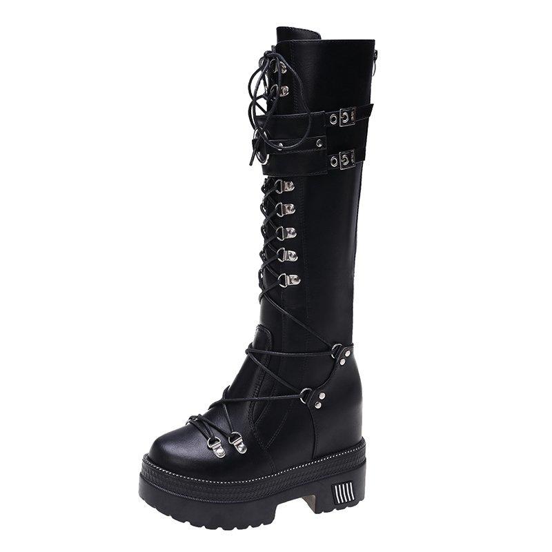 10cm Heel Motorcycle Boots Black Knee High Punk Cosplay Fashion Goth Wedges Platform Heels Women Shoes
