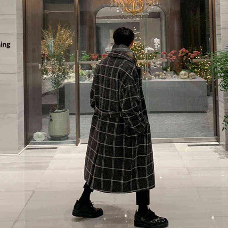 IEFB /men's wear autumn winter plaid print long coat Korean style trendy mid-length woolen coat couple bandage waist 9Y3829 211122