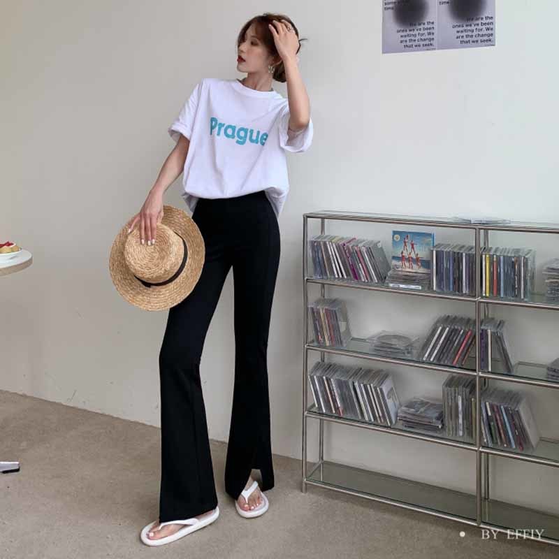 Pants & Capris Summer Thin Tight High Waist Split Blue Flare Pant Women All-match Black Grey Pantalones De Mujer Slim Casual 210429
