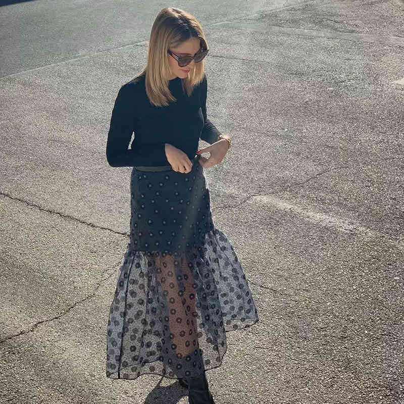 Women Floral Print Sexy Mesh Organza Skirt Ladies High Waist Transparent Chic Ruffle Midi Skirts Faldas Mujer 210508