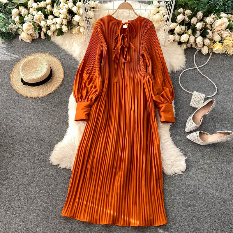 Vintage Pleated Chiffon Long Dress Women Casual Solid Pink/Green/Red O-Neck Draped Slim Vacation Vestidos Autumn Robe New 210409
