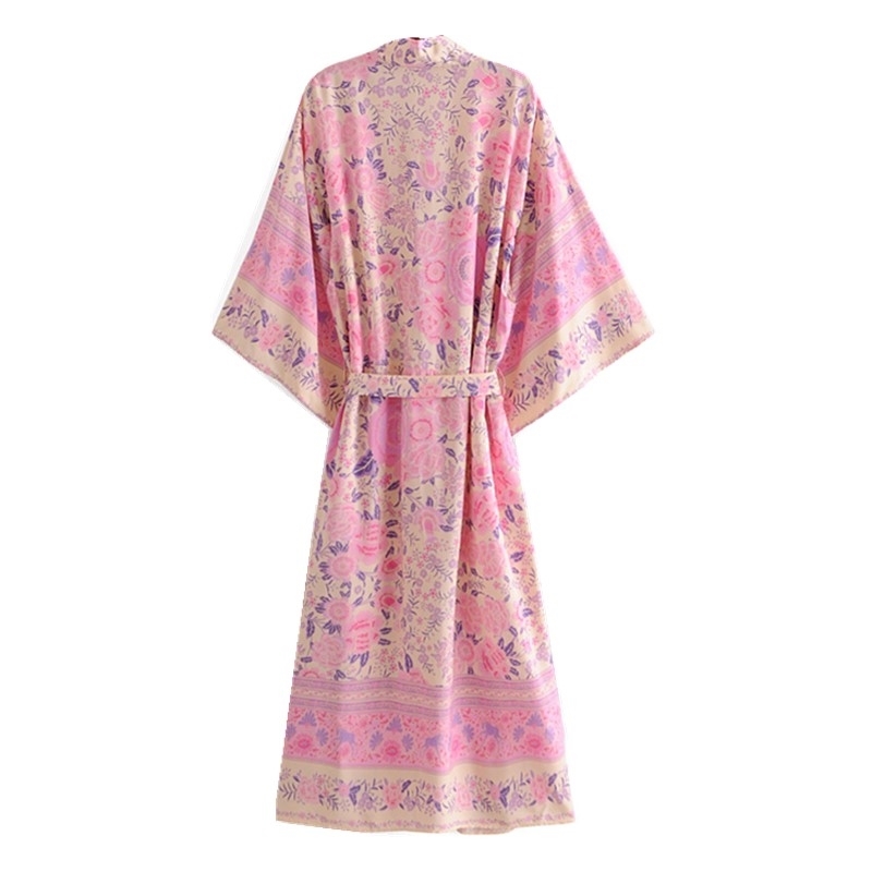 Bohemia V neck Pink Flower Print Maxi Long Kimono Cardigan Ethnic Women Tie Bow Sashes Shirt BOHO Loose Blouse Tops Holiday 210429