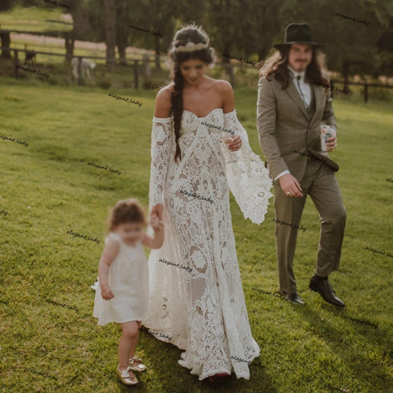 Nude Lining bohemian Wedding Dresses Cotton crochet Lace Unique Classical long sleeve country Bridal Gowns Rude Soriee Noivas