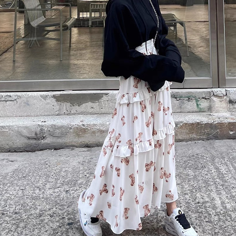 Nomikuma Chiffon Women Skirt Korean Cartoon Bear Printed Skirts Causal Ruffle Patchwork A-line Ankle-length Faldas Mujer 6G106 210427