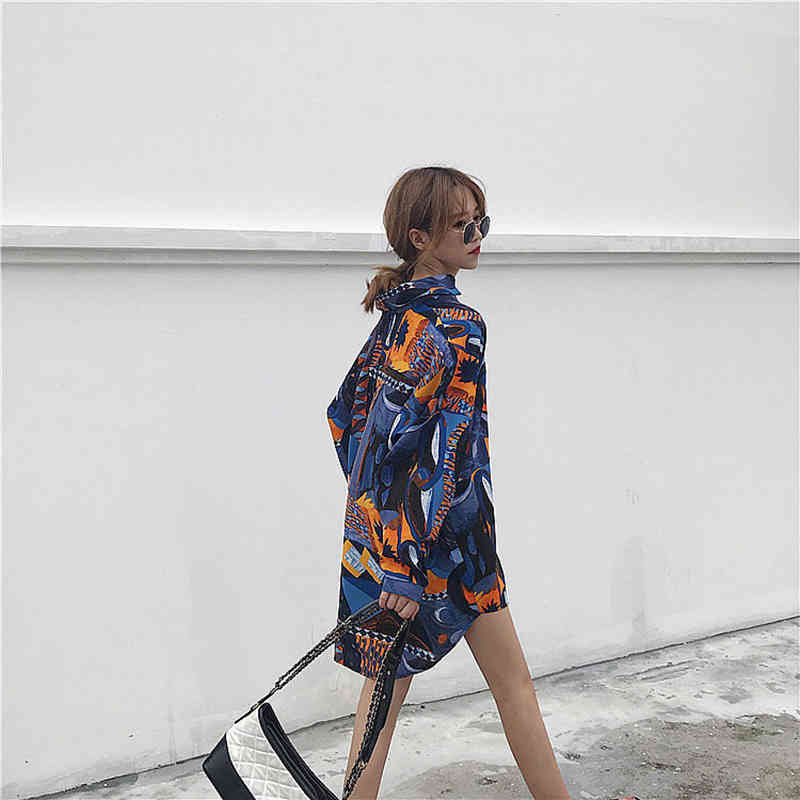 Spring Autumn Women Loose Long Shirts Plus Size Ink Painting Geometric Chiffon Blouses Female Turn-down Collar Ladies Tops D376 210512