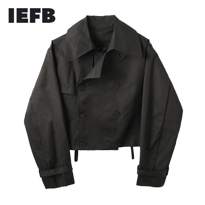 IEFB /men's wear double breasted short style jackets personalized loose drop shoulder long sleeve big size coat autumn Y4047 210524