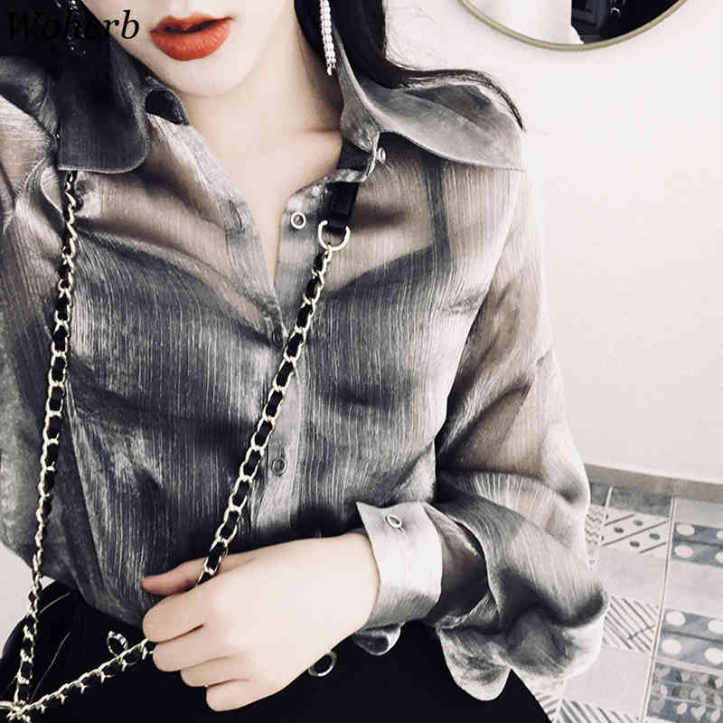 Long Lantern Sleeve Shirt Women Elegant Sexy See Through Blouse Korean Chic All-match Tops Vintage Blusas Mujer 210519