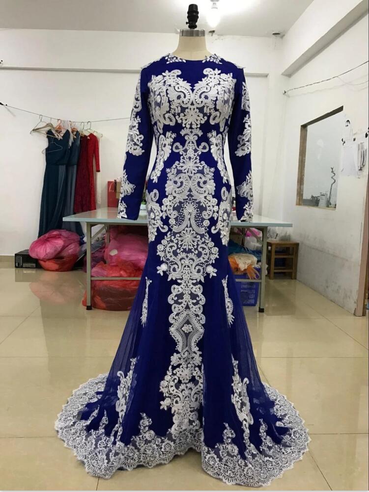 Saudi Arabia Formal Evening Dresses With Long Sleeves Ivory Lace Jewel Muslim Special Occasion Party Women Dress Plus Size Prom Mermaid Style 2021