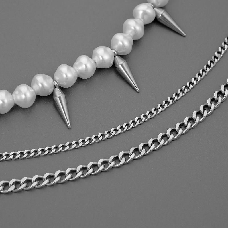 Chokers Three Layer Punk Rivet Pearl Beaded Choker Necklace Jewelry Men's