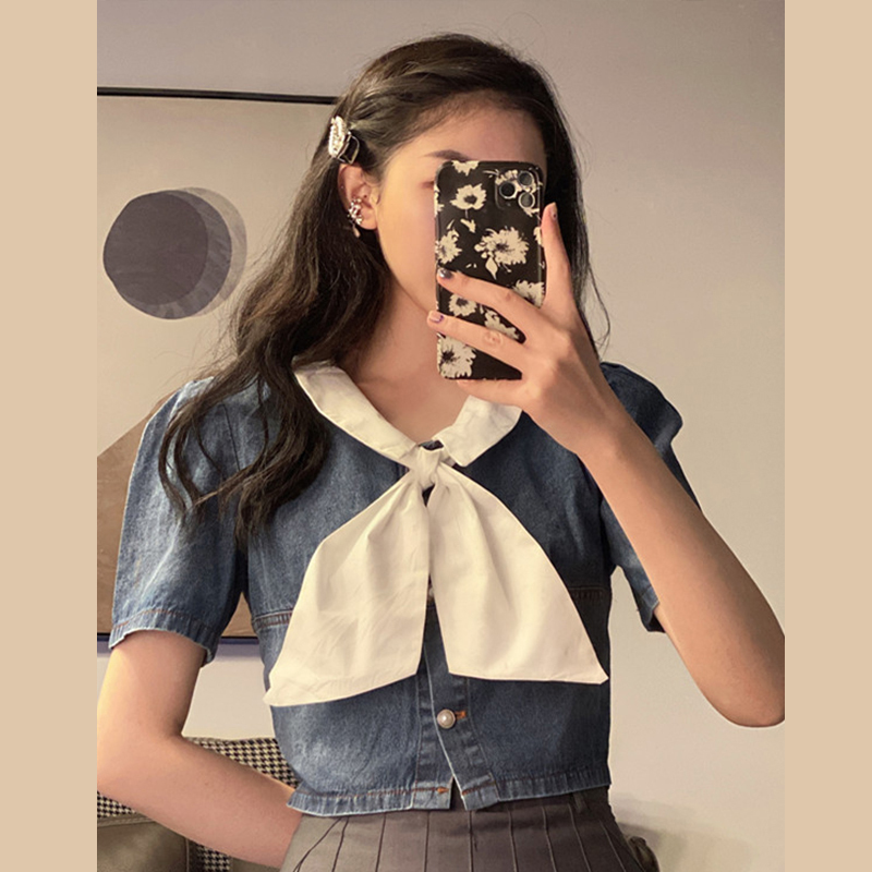 Summer Retro Contrast Short Sleeve Bow Denim T Shirts Women Sexy Slim Thin Single-breasted Crop Tops Fashion Jeans 210429