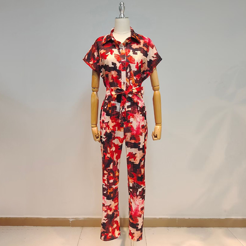 Casual Print Jumpsuit For Women Lapel Short Sleeve High Waist Lace Up Wide Leg Pants Loose Hit Color Jumpsuits 210521