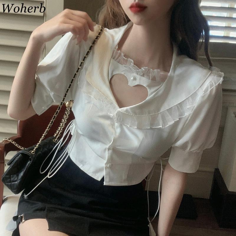 Heart Hollow Out White Blouse Women Sexy Slim Crop Top Shirt Lace Patch Bandage Blusas Korean Chic Summer Cute Tops 210519