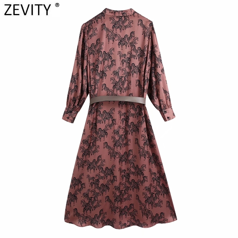 Zevity Women Vintage V Neck Animal Print PU Sashes Satin Shirt Dress Chic Female Retro Single Breasted Midi Vestido DS4968 210409