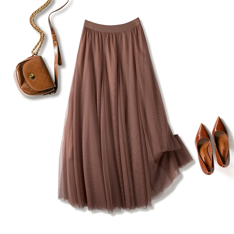 Tulle Skirt Mesh Elastic Tutu Spring Summer Korean High Waist Kpop Fashion Pleated Long Black/Khaki 210621