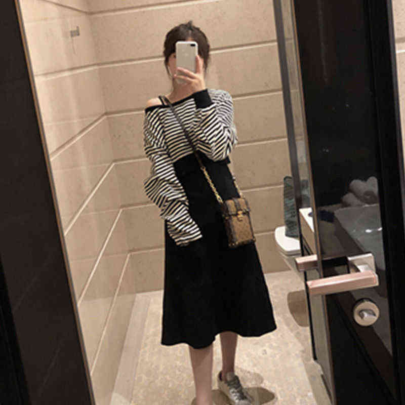 Striped sweater + suspender skirt two-piece set Korean casual student girl suit sets for women clothing 211106