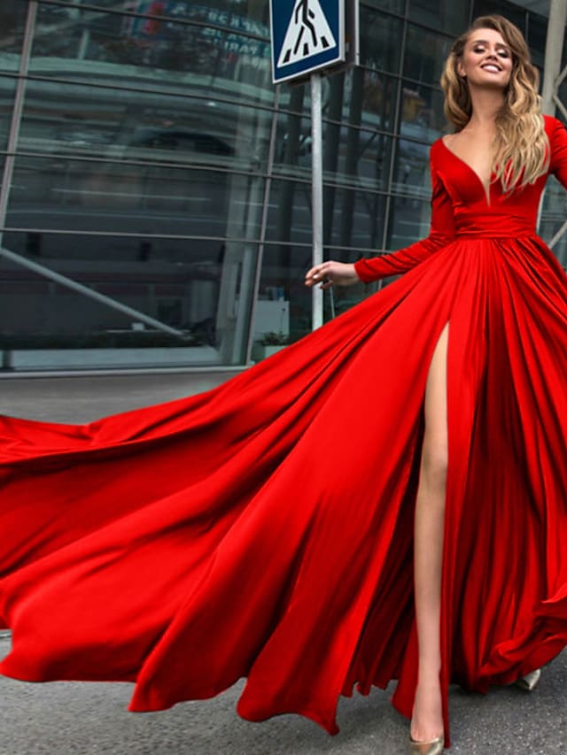 A-Line Empire Holiday Formal Evening Birthday Dress 2022 Prom Party Gown V Neck V Back Long Sleeve Floor Length Satin Slit Abendkleider robe de soiree