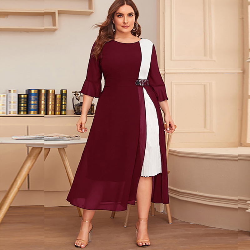 White And Black Contrast Color Elegant Dress Women Summer Three Quarter Sleeve Casual Dress Plus Size Maxi Long Dresses 210331